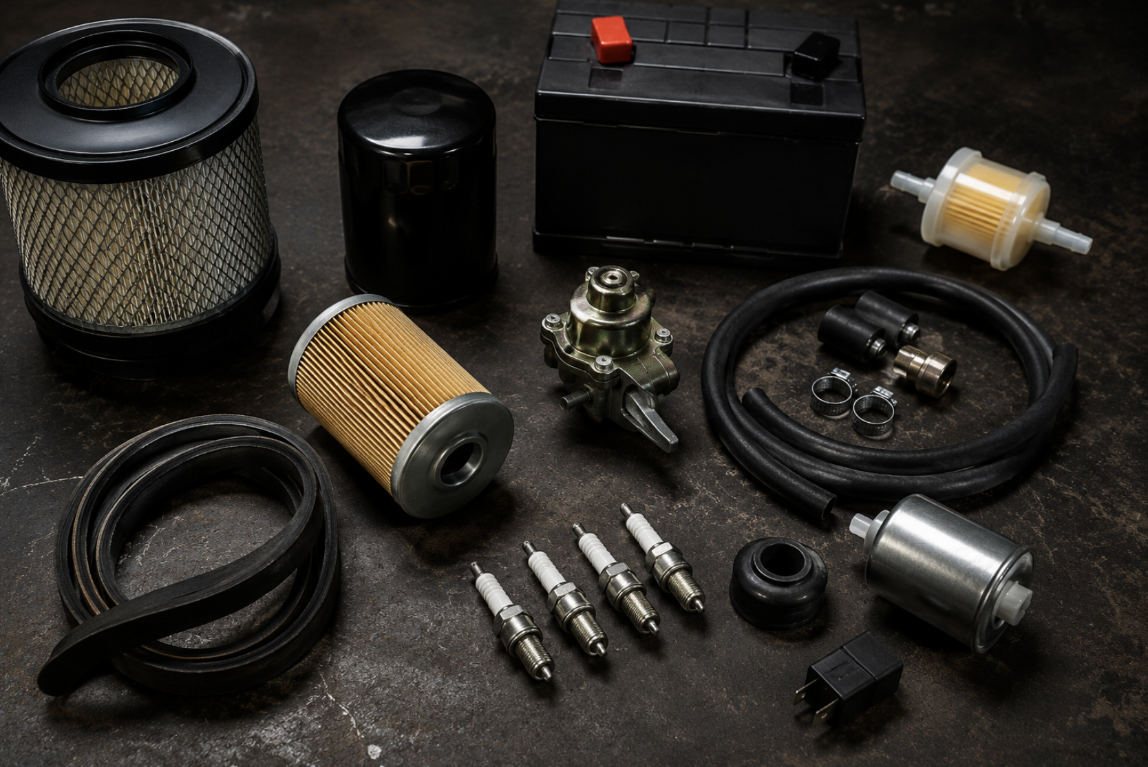 Generator maintenance parts laid out on a dark workbench — air filter, oil filter, battery, spark plugs, belts, and components