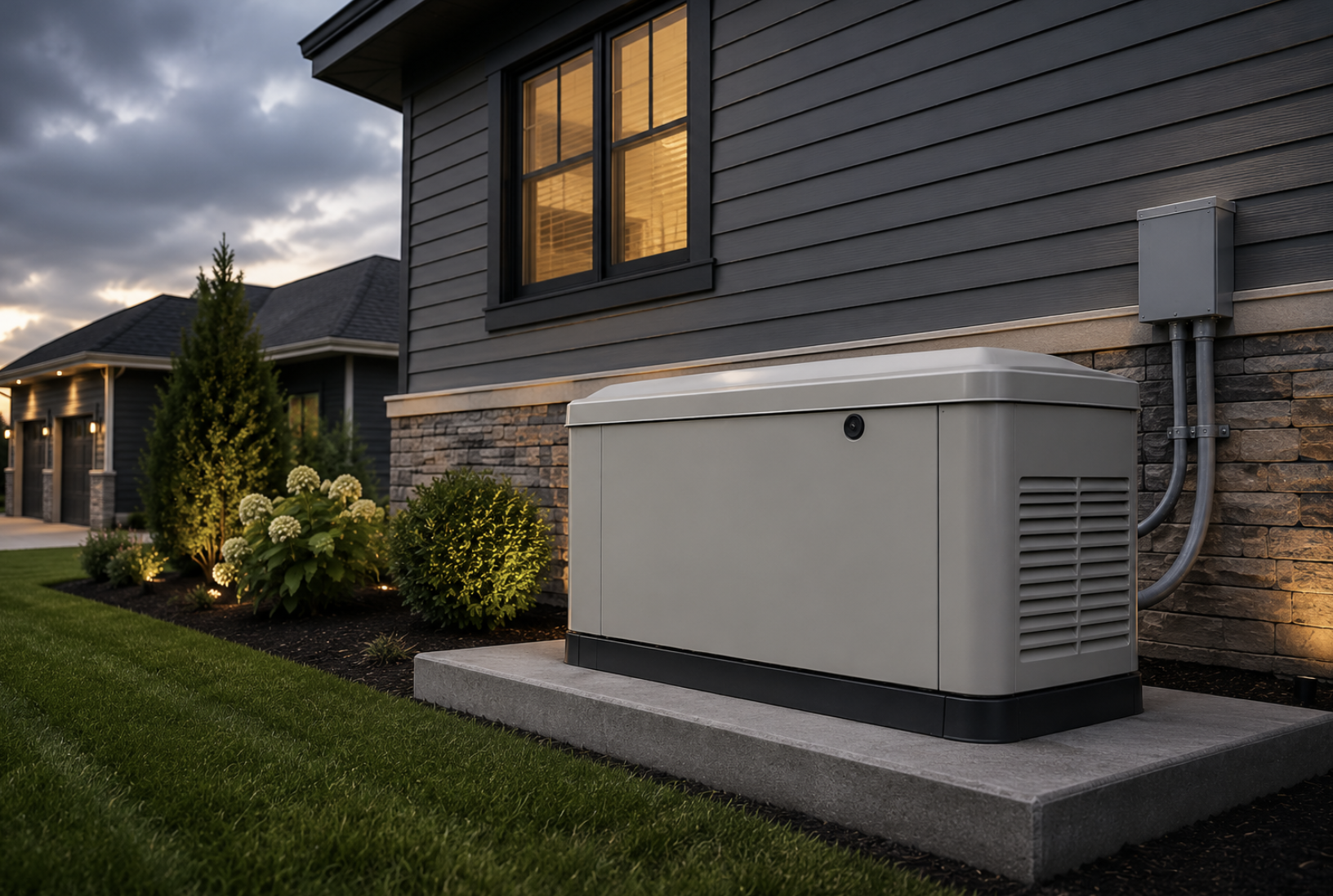 New standby generator installed beside a home at dusk — clean professional installation on concrete pad