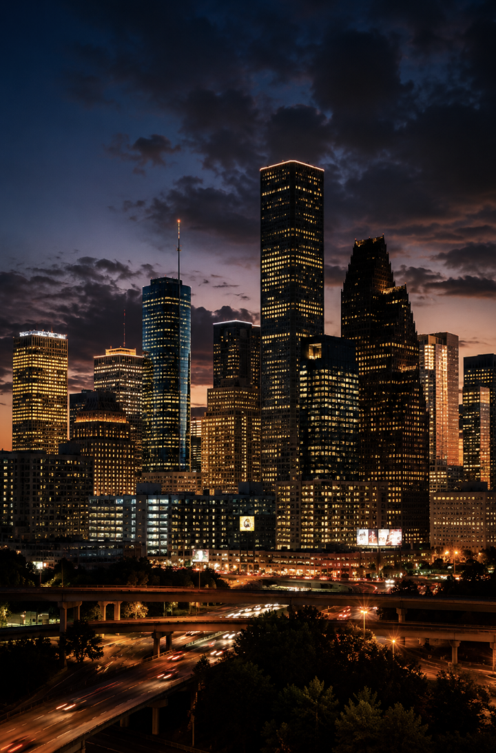 Houston skyline at night — Generac service and generator repairs by Grid Shield across Houston and Galveston