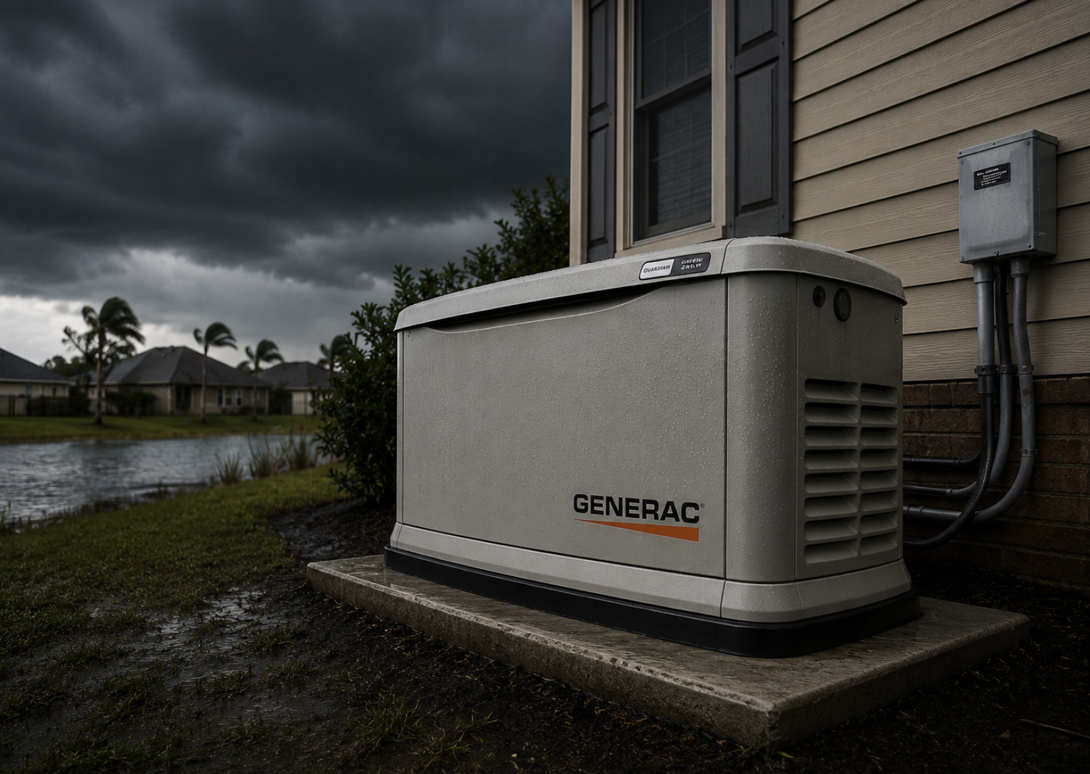 Generac standby generator mounted outside a home with dark storm clouds overhead — Gulf Coast storm season